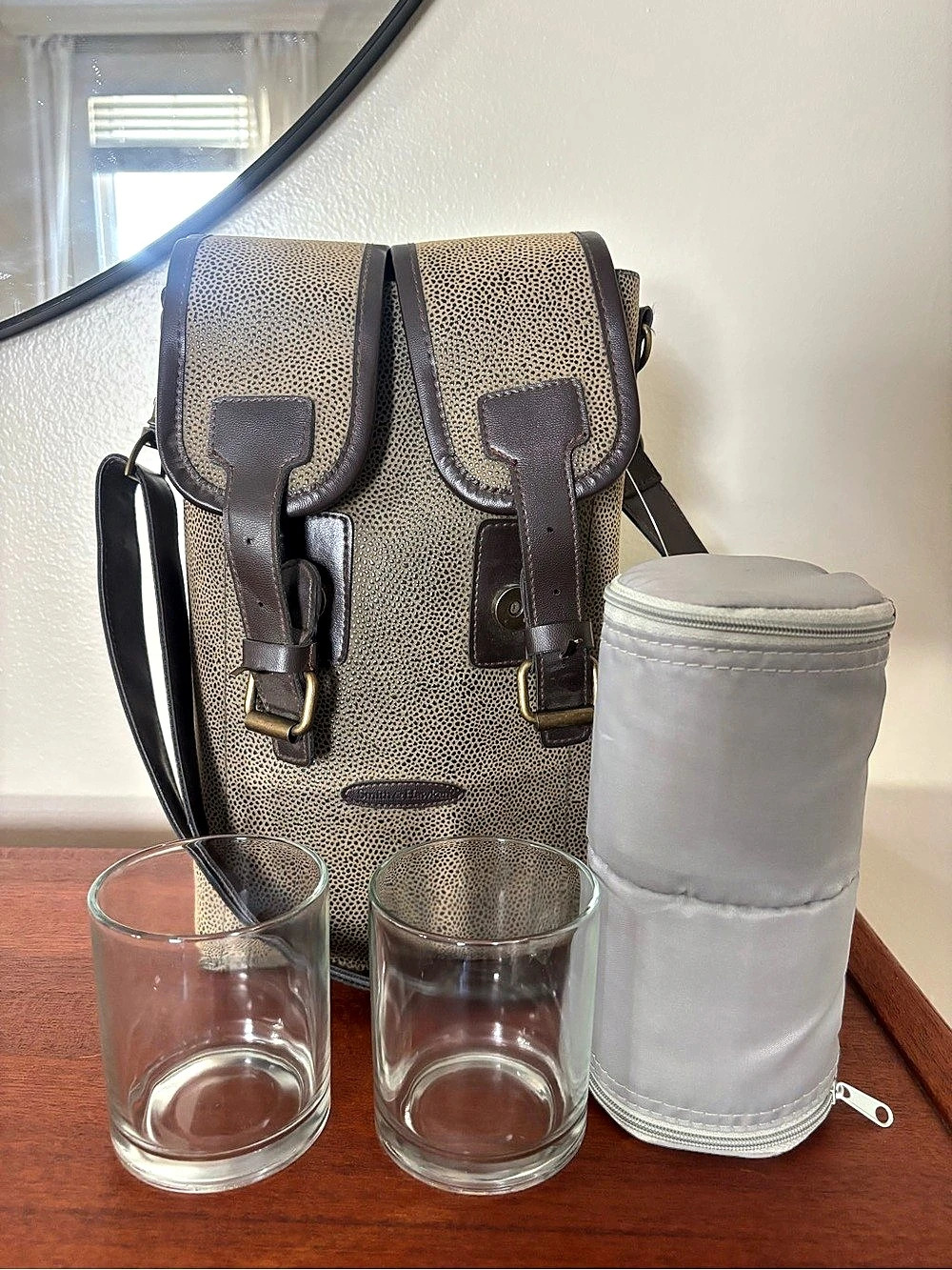 Smith & Hawken Olive and Dark Brown Leather Insulated Double Wine Bag Vintage